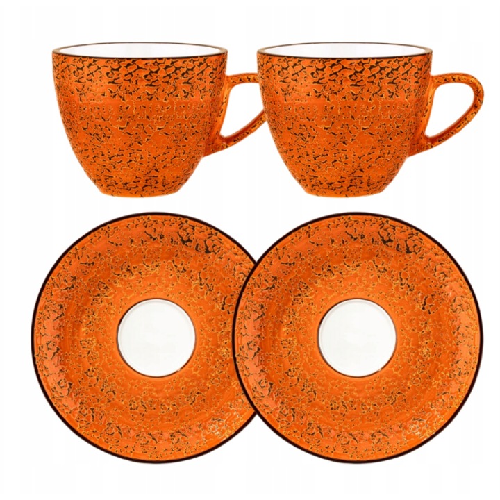 Set cesti cafea lux, Portelan, Portocaliu, 300 ml, 2x Ceasca + 2x Farfurie elegante, pentru cafea, ceai, cappuccino, Colorboom, Wilmax England