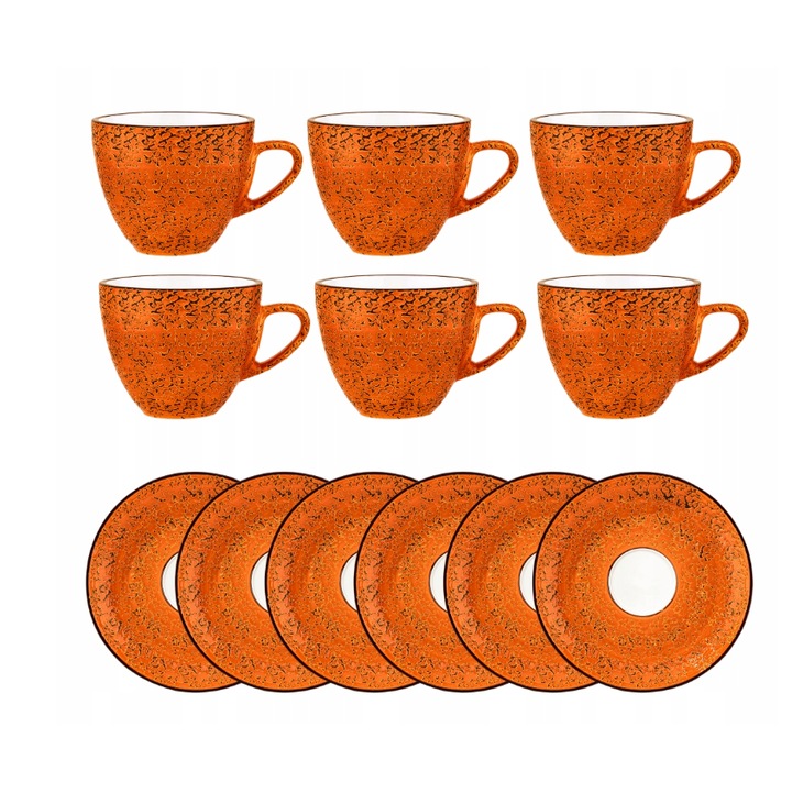 Set cesti cafea lux, Portelan, Portocaliu, 300 ml, 6x Ceasca + 6x Farfurie elegante, pentru cafea, ceai, cappuccino, Colorboom, Wilmax England