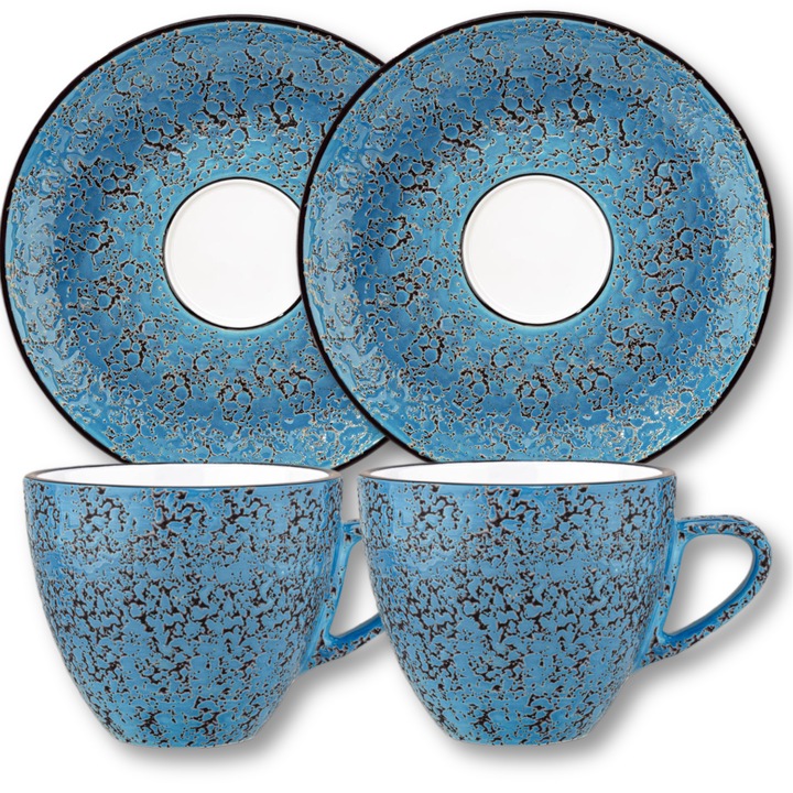 Set cesti cafea lux, Portelan, Albastru, 75 ml, 2x Ceasca + 2x Farfurie elegante, cesti espresso, cafea, Colorboom, Wilmax England
