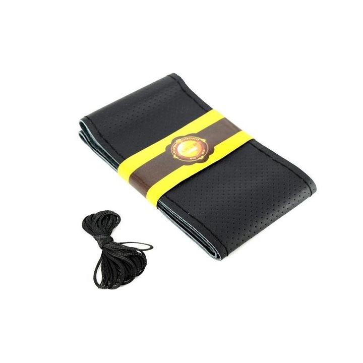 Husa volan din PIELE NEAGRA + ATA NEAGRA pentru CAMIOANE, diametru XXL - 45 cm, (se coase, aspect ORIGINAL)