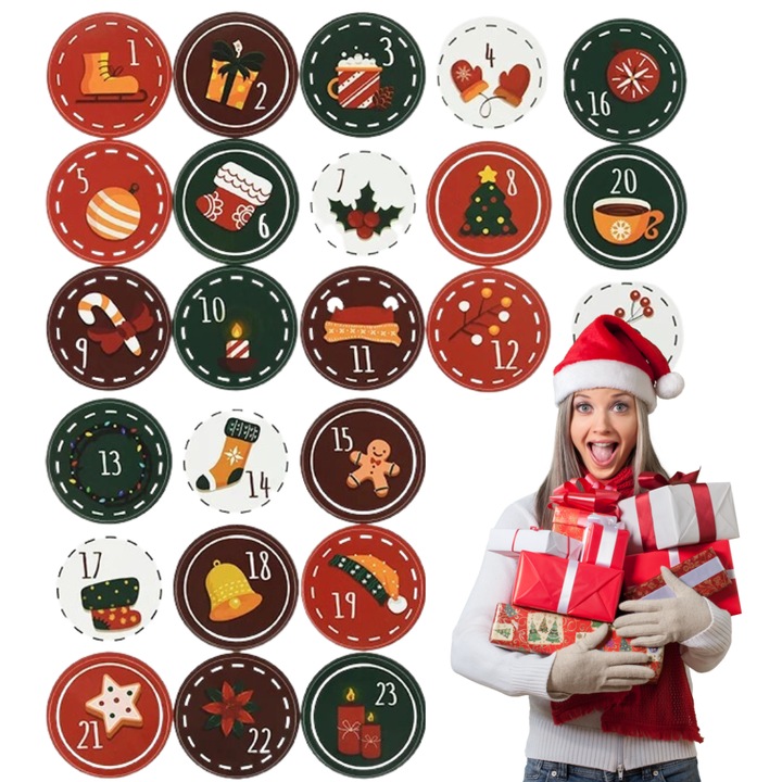 Abtibilduri, Artmaker, 24 Bucati, Model De Sarbatori, Lucioase, Autoadezive, Gata De Folosit, Pentru Calendar DIY, Pentru Pungi Si Cutii, Decor Rapid, 45 mm, Foaie A4