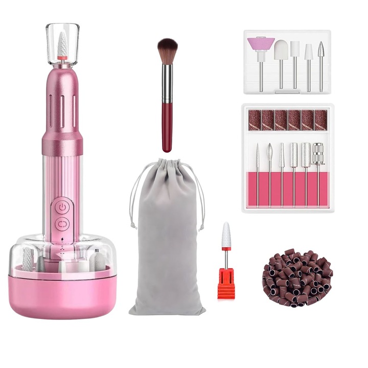 Freza Electrica Fara Fir pentru Manichiura si Pedichiura, 20.000 RPM, 6 Viteze Reglabile, Motor Silentios, Incarcare Duala, 12 Capete de Polisare, 36 Benzi de slefuire + Gentuta de Depozitare, 30 Benzi Suplimentare, Perie de Machiaj, Set Extra 6-in-1