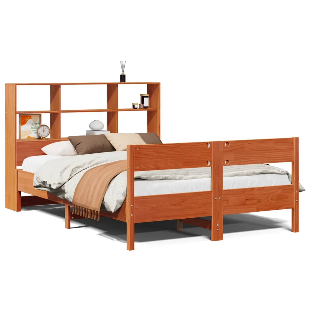 vidaXL barna tömör fenyőfa könyvespolcos ágy matrac nélkül 140 x 190cm 3323001