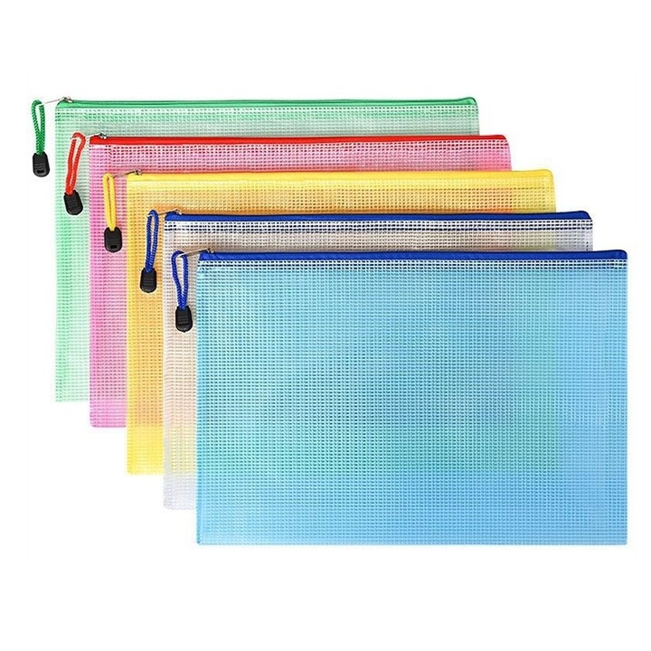 Set 5 pungi documente cu fermoar, multicolor, A4, din PVC, impermeabile