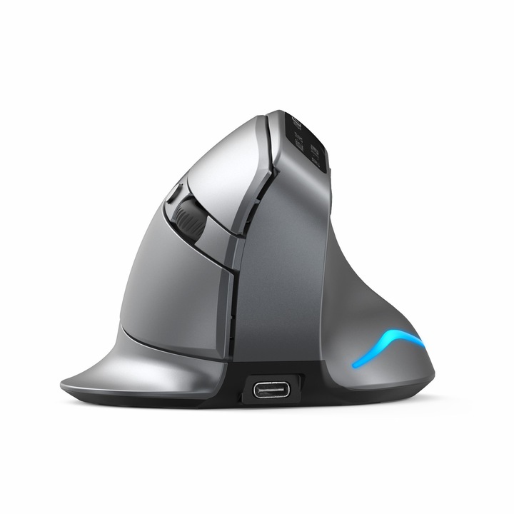 Мишка GIIISTER, Безжична, Вертикална, 8 бутона, 730mAh, USB-C, Bluetooth + 2.4G, 3200 DPI, OLED, сива, F-26C