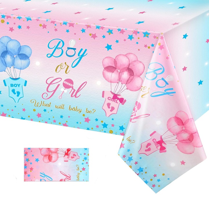 Fata de masa pentru petrecere dezvaluire gen, impermeabila, roz si albastru, 137x274cm