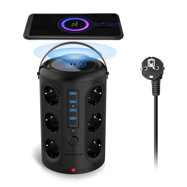 Вертикален удължител GIIISTER, 18 конектора, безжично зарядно, 12x AC, 4x USB, 1x USB-C, 2500W, 10A, защита от пренапрежение, 2m, черен