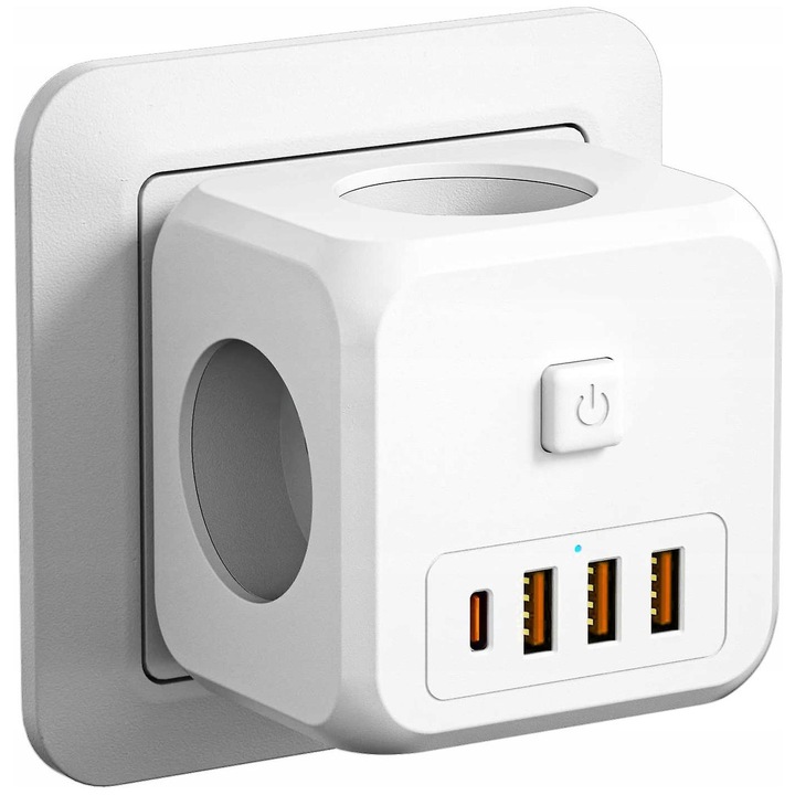 Удължител GIIISTER NI2023EU, 7 в 1, 3x AC, 3x USB, 1x USB-C, 16A, 4000W, бял
