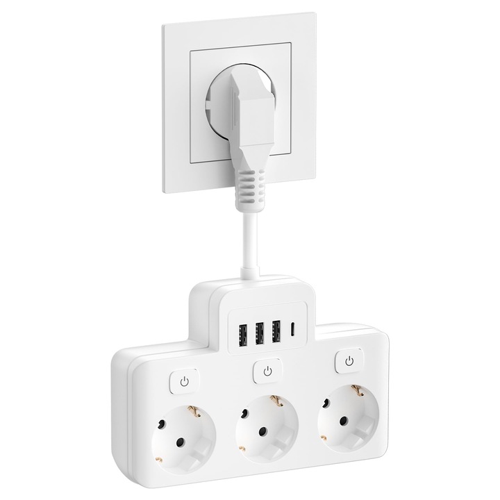 Удължител 7 в 1 GIIISTER, Мултифункционален, 3 AC контакта с индивидуален ключ, 3 USB порта, 1 USB-C порт, защита от пренапрежение, бял, E14