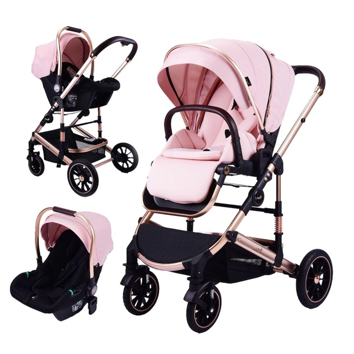 Carucior 3 in 1, Geanta de scutece, Suspensie pe roata, L-Sun, Maner reversibil, Roz