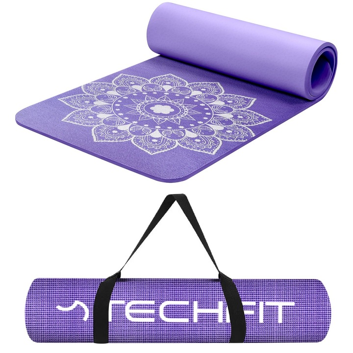 Saltea Yoga TECHFIT Purple Print, 173 x 61 cm, Amortizare optima pentru articulatii, Curea de transport