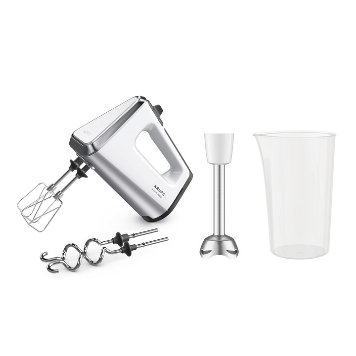 Krups GN9121 3 Mix 9000 kézi mixer, 750 W, sebességszabályozás, turbó üzemmód, kilökési funkció, ergonómikus fogantyú, dróttartozékok, dagasztóhorog, püré rúd, mérőpohár, fehér/ezüst