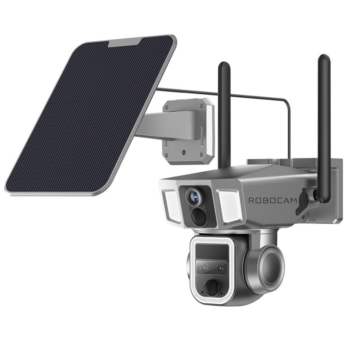 Camera Robocam 4G si WiFi Supraveghere 2 Ecrane, 4 Lentile, 2K Ultra HD, Zoom Hybrid 10x, Panou Solar