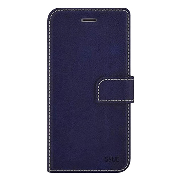 Husa Flip din Piele Lucrata Manual pentru Apple iPhone 13 Pro, OPTIM SOLUTION, Inchidere Magnetica, Optim Cut Issue Solve, Cadru Interior din Silicon, Classy Design, Functie Suport, Portofel, Albastru