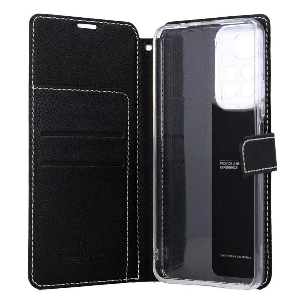 Husa Flip din Piele Lucrata Manual pentru Apple iPhone 13 Pro Max, OPTIM SOLUTION, Inchidere Magnetica, Optim Cut Issue Solve, Cadru Interior din Silicon, Classy Design, Functie Suport, Portofel, Negru