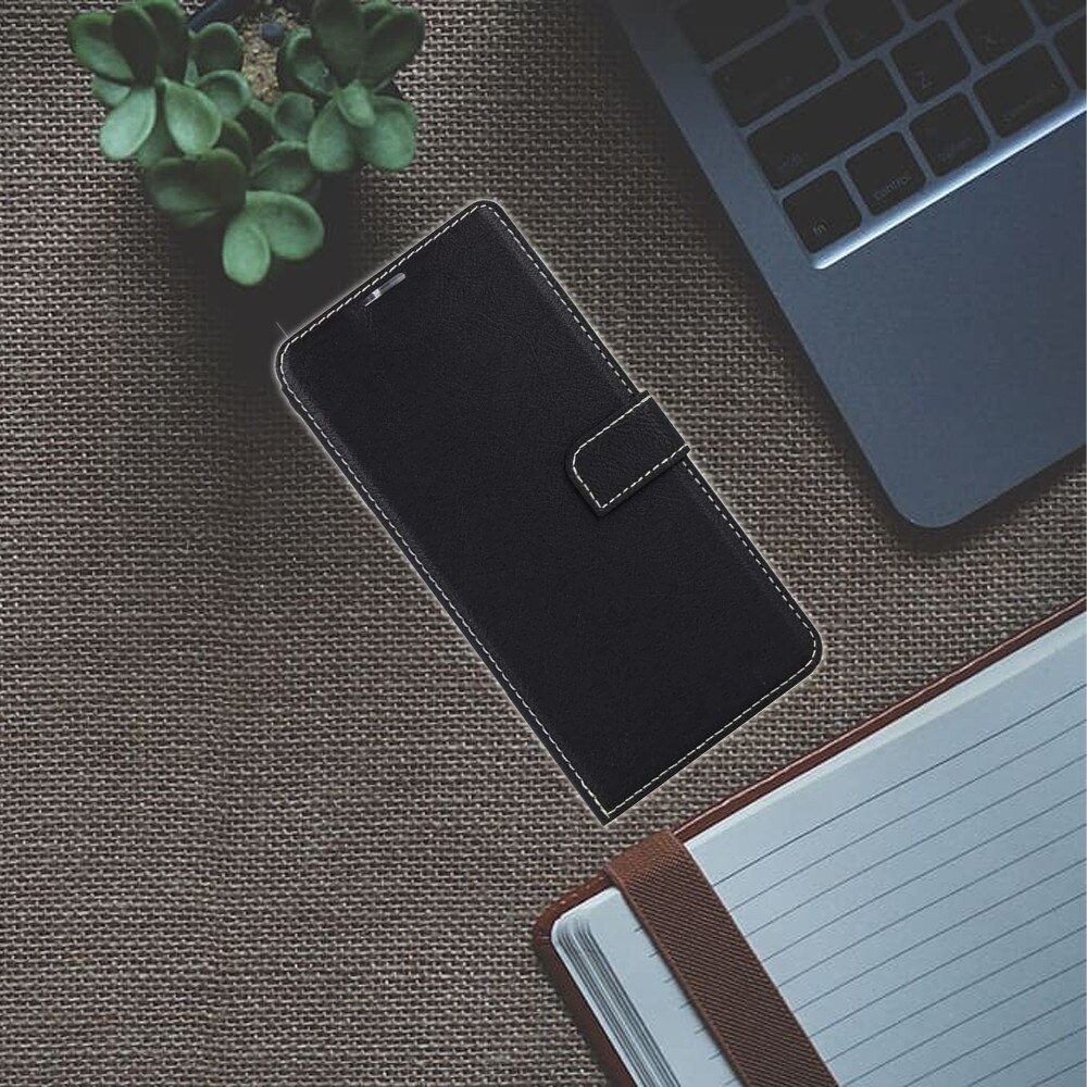 Husa Flip din Piele Lucrata Manual pentru Apple iPhone 13 Pro Max, OPTIM SOLUTION, Inchidere Magnetica, Optim Cut Issue Solve, Cadru Interior din Silicon, Classy Design, Functie Suport, Portofel, Negru