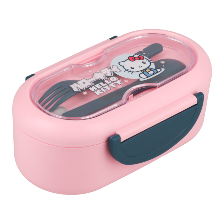 Ételtároló doboz, Paladone, Hello Kitty, fedéllel és evőeszközökkel, 2 rekeszes, rózsaszín, Sanrio licenc