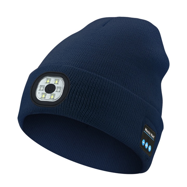 Bluetooth sapka fénnyel, kötött zenesapka fejhallgatóval és mikrofon beépített hangszóróval, ultra fényes, 4 LED, vízálló, fényszórókkal kötött téli sapka ajándék férfiaknak és nőknek, sötétkék