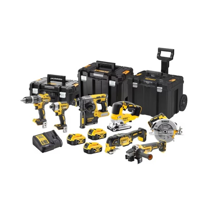 Dewalt DCK755P3T-QW Комбиниран комплект от 7 инструмента, DCD796 + DCF887 + DCG405 + DCH273 + DCS355 + DCS570 + DCS334 + 3 x DCB184 + DCB115 зарядно