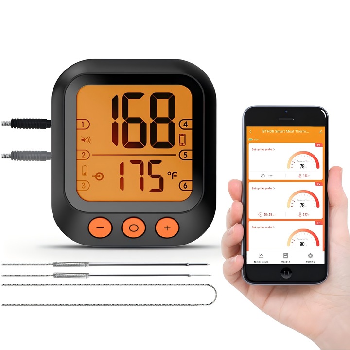 GIIISTER Кухненски термометър, безжичен, Bluetooth, 2 сонди, -30-300°C, LCD екран, ПРИЛОЖЕНИЕ SMART LIFE, черен, разстояние на връзката 80 м