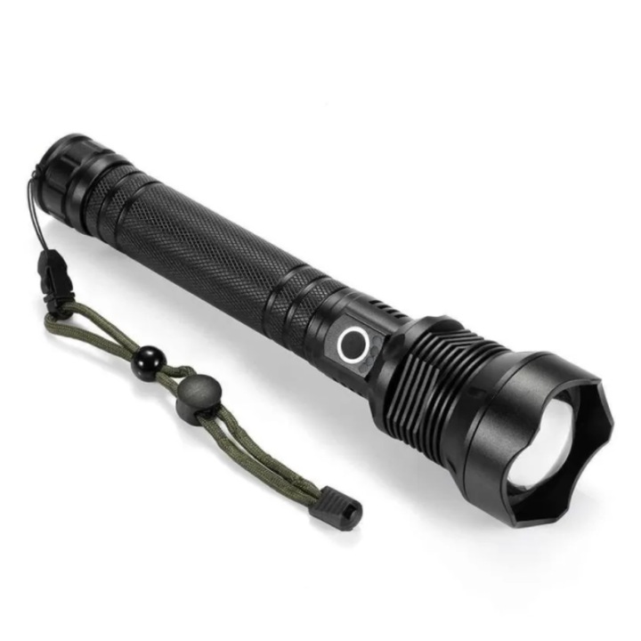 LED фенер, P70, метален, USB зареждане, 2 батерии 18650, 3 режима на светене