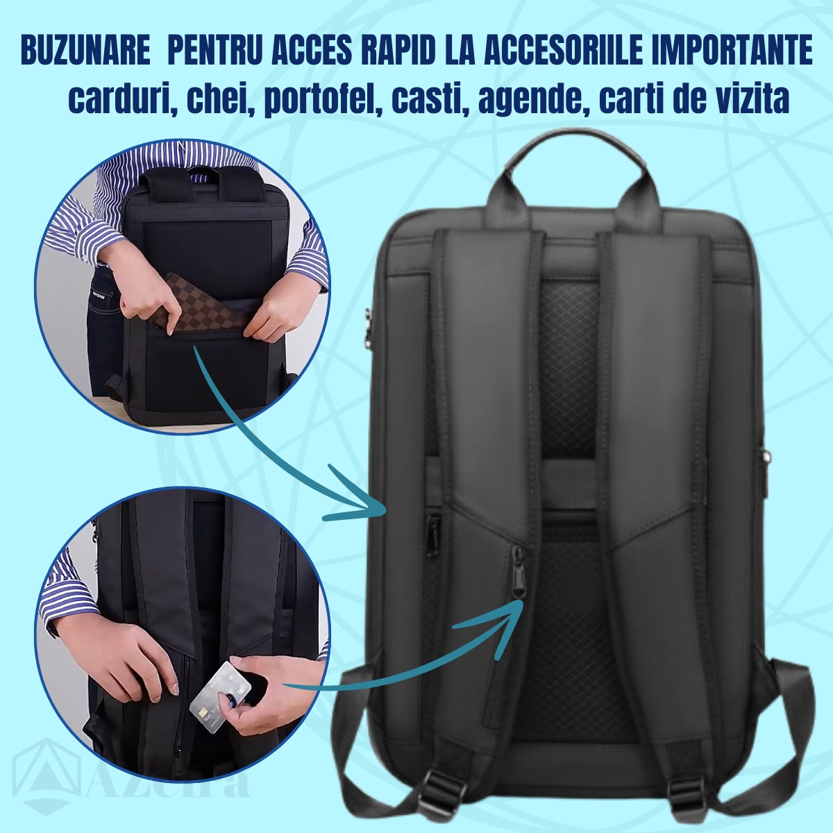 Rucsac Smart Extensibil pentru Laptop AZeira®, Barbatesc, Antifurt, Cifru Securitate, Conectivitate Multifunctional, Ergonomic, Organizare optima, Multiple buzunare, Protectie Laptopuri, 47x30x10/20 cm, Negru Carbon