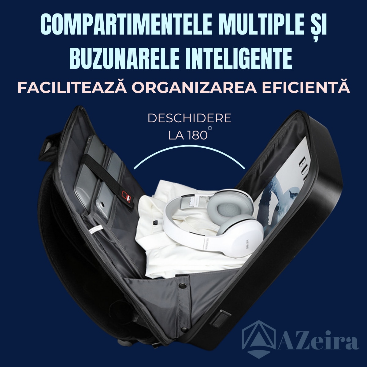 Rucsac Smart Extensibil pentru Laptop AZeira®, Barbatesc, Antifurt, Cifru Securitate, Conectivitate Multifunctional, Ergonomic, Organizare optima, Multiple buzunare, Protectie Laptopuri, 47x30x10/20 cm, Negru Carbon