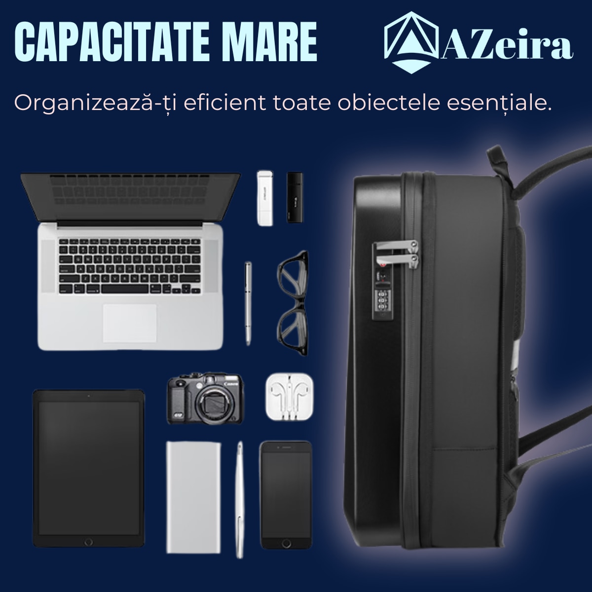 Rucsac Smart Extensibil pentru Laptop AZeira®, Barbatesc, Antifurt, Cifru Securitate, Conectivitate Multifunctional, Ergonomic, Organizare optima, Multiple buzunare, Protectie Laptopuri, 47x30x10/20 cm, Negru Carbon