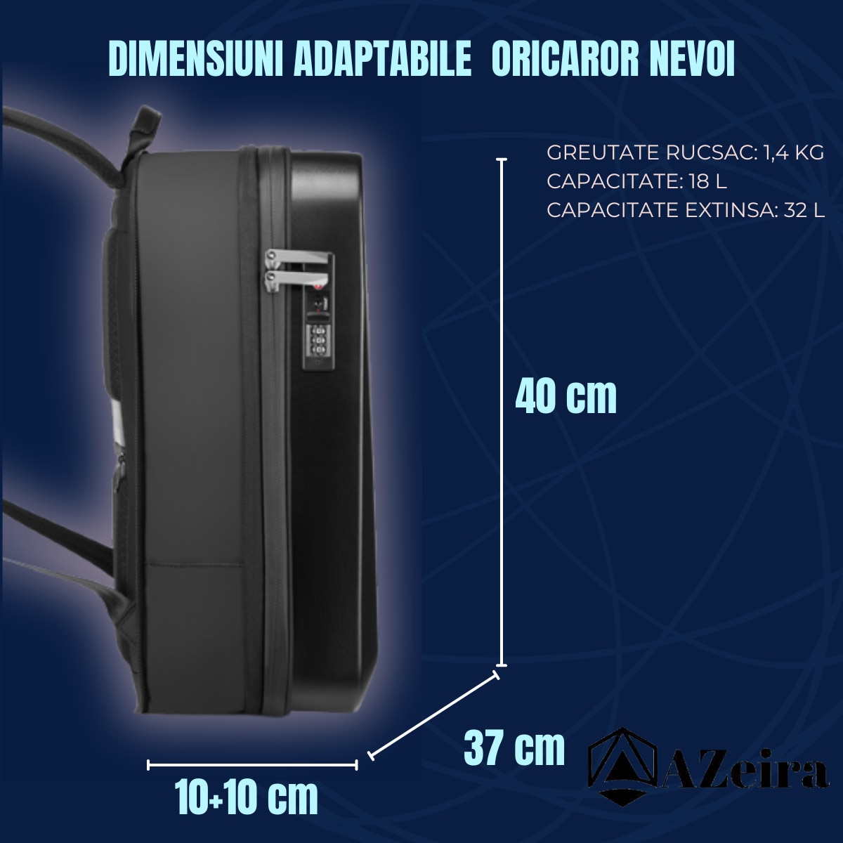 Rucsac Smart Extensibil pentru Laptop AZeira®, Barbatesc, Antifurt, Cifru Securitate, Conectivitate Multifunctional, Ergonomic, Organizare optima, Multiple buzunare, Protectie Laptopuri, 47x30x10/20 cm, Negru Carbon