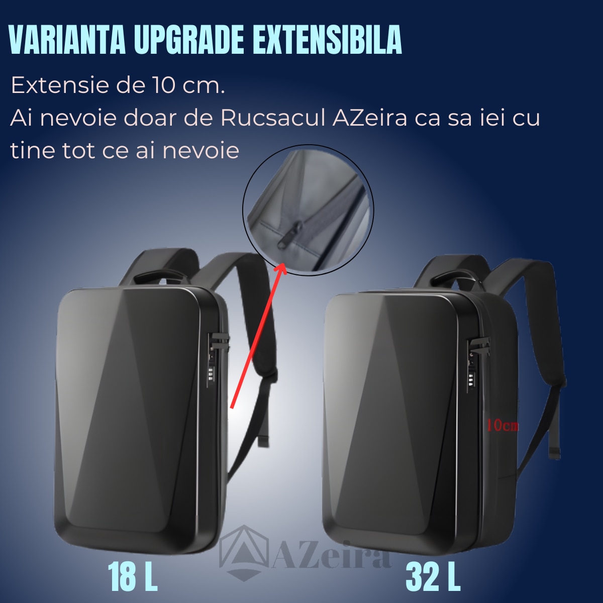 Rucsac Smart Extensibil pentru Laptop AZeira®, Barbatesc, Antifurt, Cifru Securitate, Conectivitate Multifunctional, Ergonomic, Organizare optima, Multiple buzunare, Protectie Laptopuri, 47x30x10/20 cm, Negru Carbon