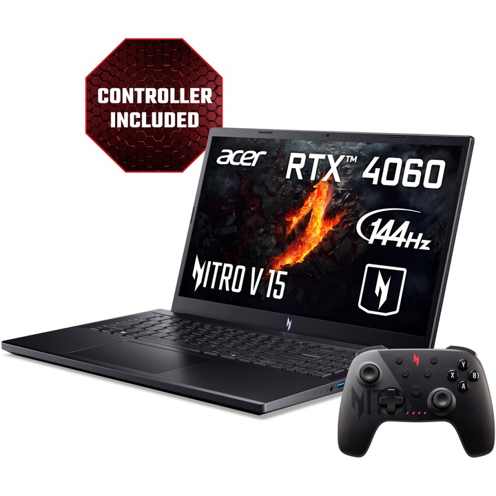 Acer Nitro V15 Gaming Laptop ANV15-41-R5DX AMD Ryzen™ 5 7535HS processzorral akár 4,55 GHz-ig, 15,6",Full HD, IPS, 144 Hz, 16 GB DDR5 RAM, 512 GB SSD, NVIDIA® GeForce RTX™ 4060 8 GB GDDR6, No OS, Fekete + vezeték nélküli vezérlő