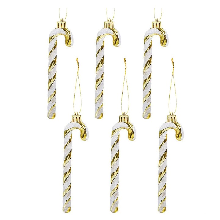 Комплект от 6 украси за коледна елха TasyPins, пластмаса, форма на захарна бастун, 14 см, златно/бяло