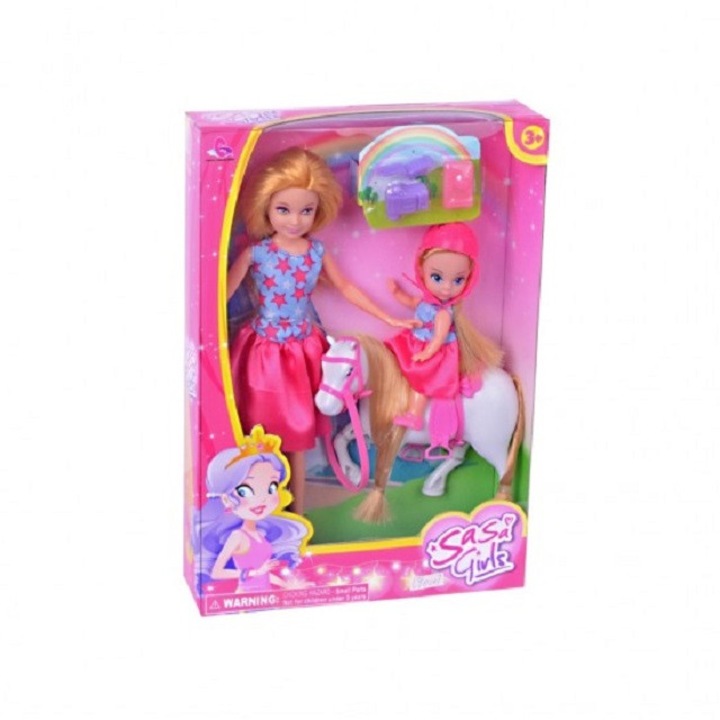 Set papusa 24 cm cu papusica 9 cm si figurina ponei