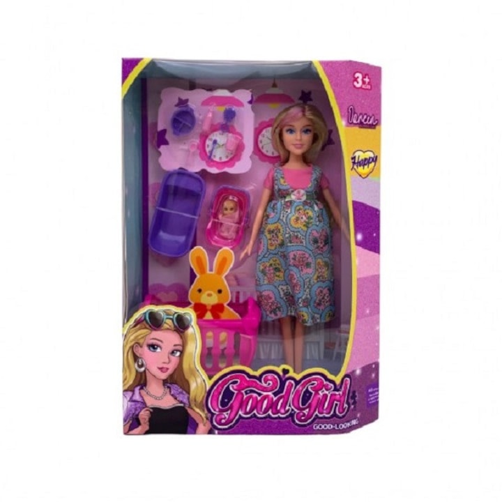 Papusa 29 cm insarcinata, cu accesorii si bebe