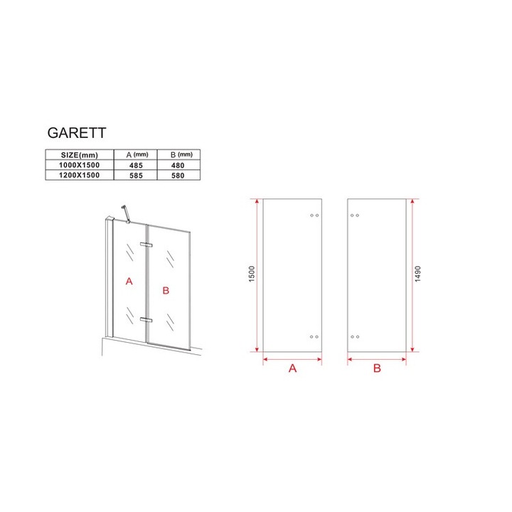 Paravan cada 100x150 cm Silla Pro GARETT, Fix, sticla clara, profil Auriu mat