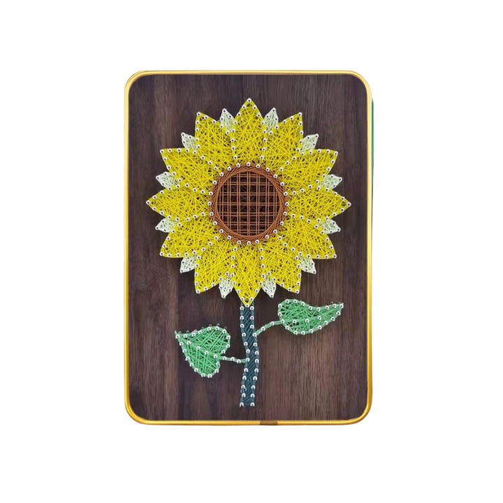 Комплект за занаяти String Art с конец за деца и възрастни, модел СЛЪНЧОГЛЕД, 3D ефект, материал Направи си сам, предварително перфорирана дървена опора, орнамент за бюро, ръчна манда, размери 21 x 30 cm