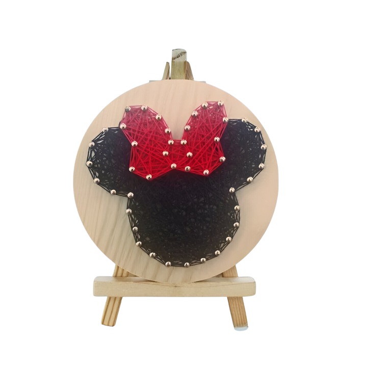 Комплект String Art с конци, модел MINNIE, DABISY, 3D ефект, за деца и възрастни, Направи си сам, дървена опора, кръгла предварително перфорирана, мини статив, конци, ръчна манда, размери 11 х 11 см, черно червено