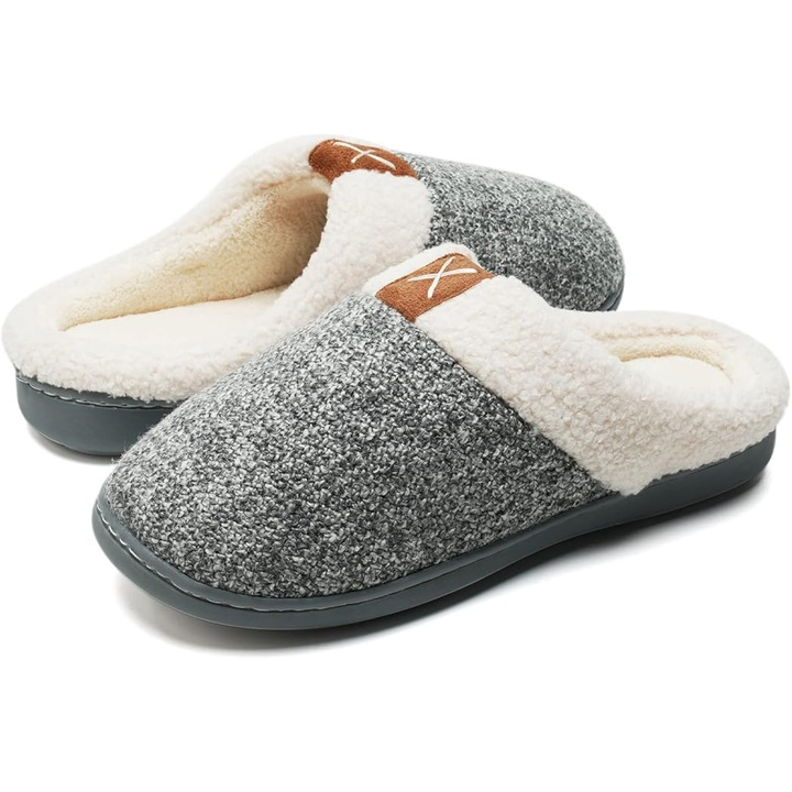 Мъжки чехли, подплата от изкуствен косъм, подметка от мемори пяна, сив, 38/39