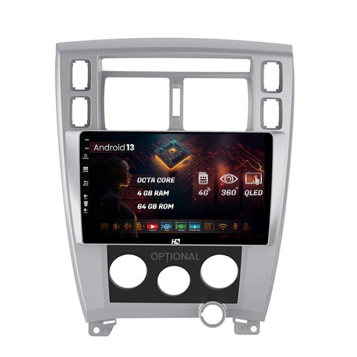 Navigatie HUB64 Hyundai Tucson(2004-2009), 4GB RAM, Android 13, Octacore, Slot Sim 4G, DSP, GPS, Wi-FI, Carplay, Android Auto, USB, Bluetooth, Waze, Touchscreen, 10.1 Inch