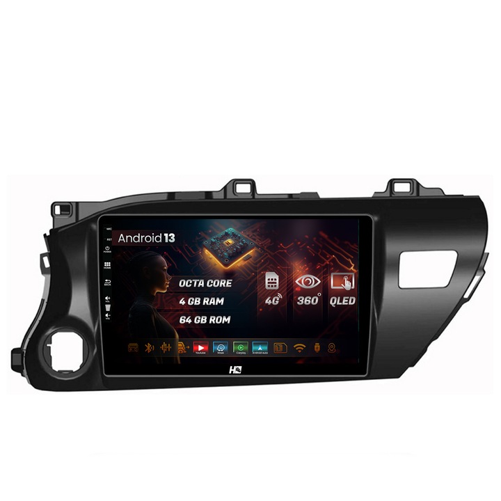 Navigatie HUB64 Toyota Hilux (2015, ), 4GB RAM, Android 13, Octacore, Slot Sim 4G, DSP, GPS, Wi-FI, Carplay, Android Auto, USB, Bluetooth, Waze, Touchscreen, 10.1 inch