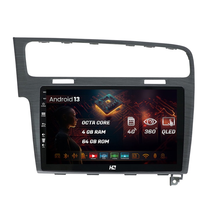 Navigatie HUB64 Volkswagen Golf 7, 4GB RAM, Android 13, Octacore, Slot Sim 4G, DSP, GPS, Wi-FI, Carplay, Android Auto, USB, Bluetooth, Waze, Touchscreen, 10.1 Inch