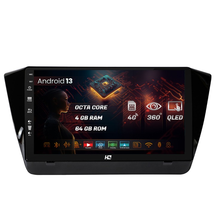 Navigatie HUB64 Superb 3 (2015, ), 4GB RAM, Android 13, Octacore, Slot Sim 4G, DSP, GPS, Wi-FI, Carplay, Android Auto, USB, Bluetooth, Waze, Touchscreen, 10.1 Inch V2