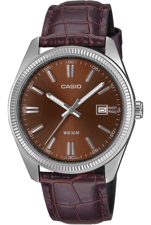 Ceas Casio MTP-1302PL-5AVEF, mecanism quartz, carcasa metalica maro, curea din piele naturala, rezistent la apa 50m