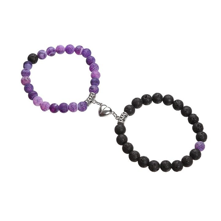 Set 2 bratari de cuplu din pietre semipretioase cu inimioara magnet, elastica, unisex, 2 bucati, Negru-Lava si Mov-Roz