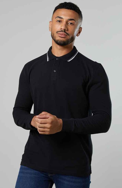 Bluza barbati de bumbac, eleganta, tip polo cu maneca lunga, dungi contrastante la guler, Bleumarin