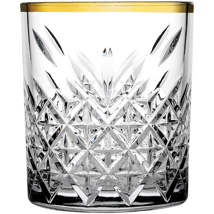 Set 4 pahare whisky cu margine aurie Pasabahce Timeless Golden Touch, 490ml, diametru 106mm, inaltime 89mm