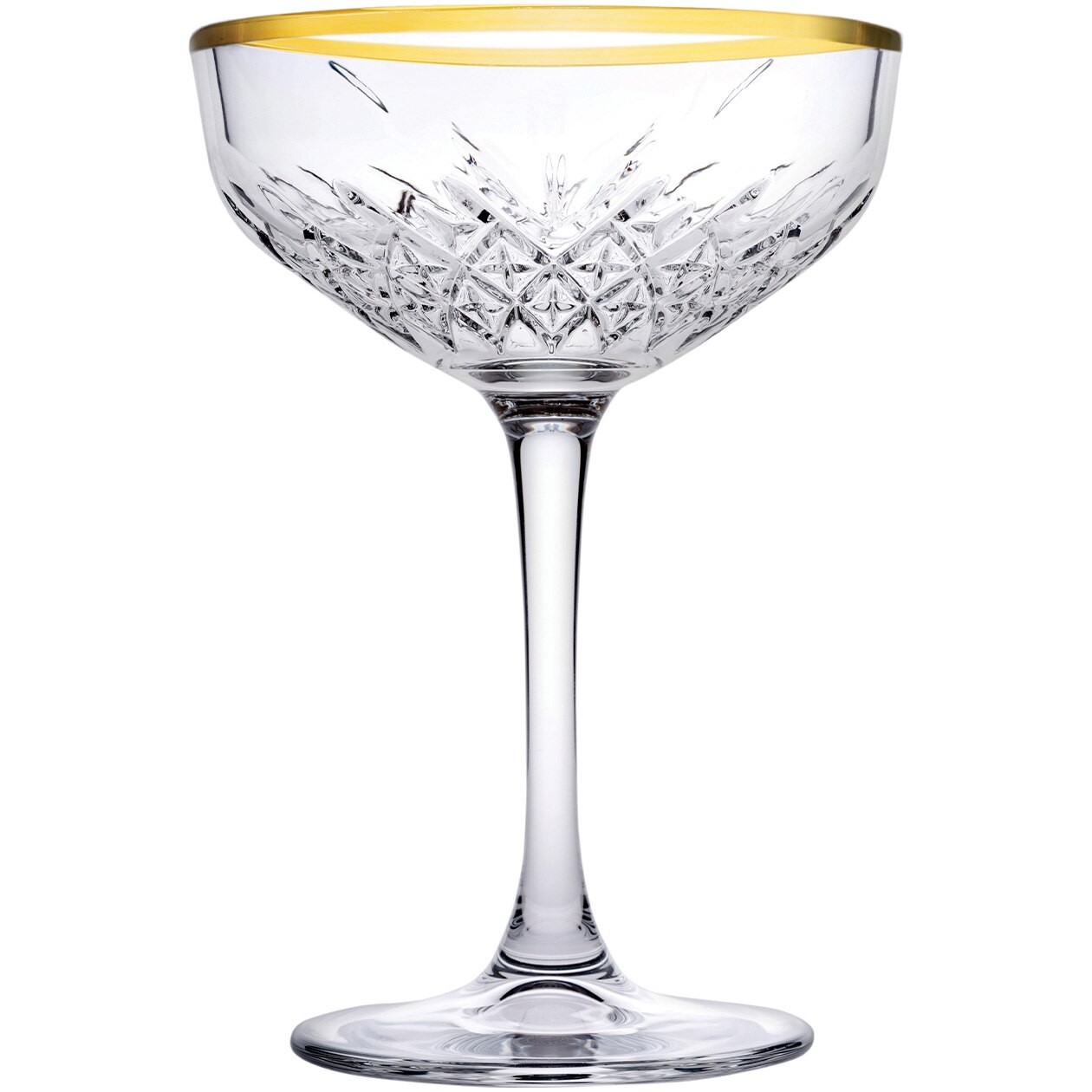 Set 4 pahare sampanie cu margine aurie Pasabahce Timeless Golden Touch, 255ml, diametru 110mm, inaltime 157mm