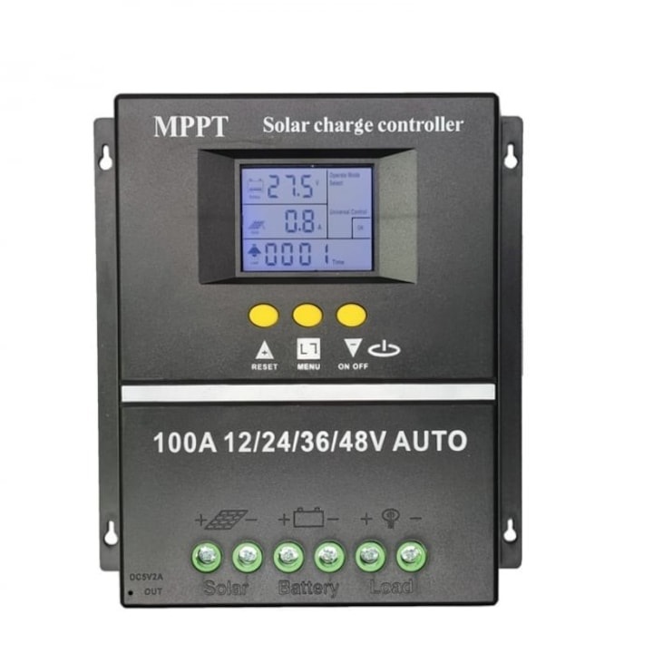 Controler solar MPPT AEIDEN ® 12V/24V/36V/48V, 100A, multifunctional, display LCD, 7 moduri de functionare, 6 protectii functionale, Negru