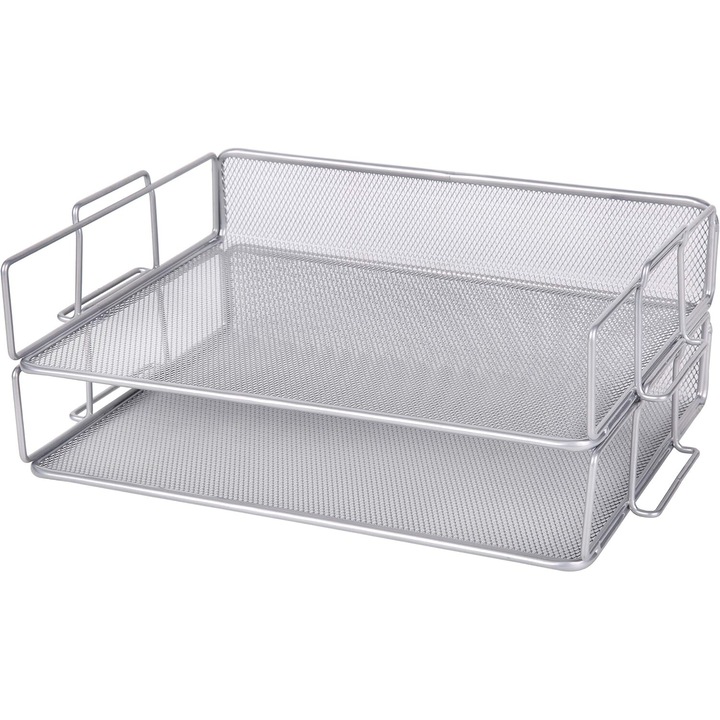 Suport articole birou Enforose, organizator birou modern din plasa, suport pentru hartie A4, 2 straturi, argintiu