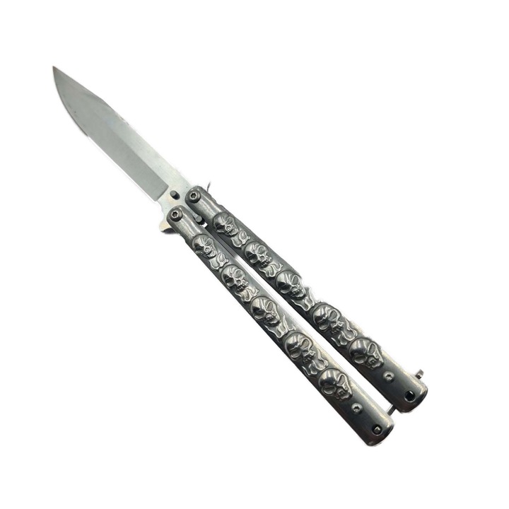 Pillangó kés éllel, acélból, SG1 koponya modell, övcsipesz rendszer, 22 cm, ezüst, dalimag